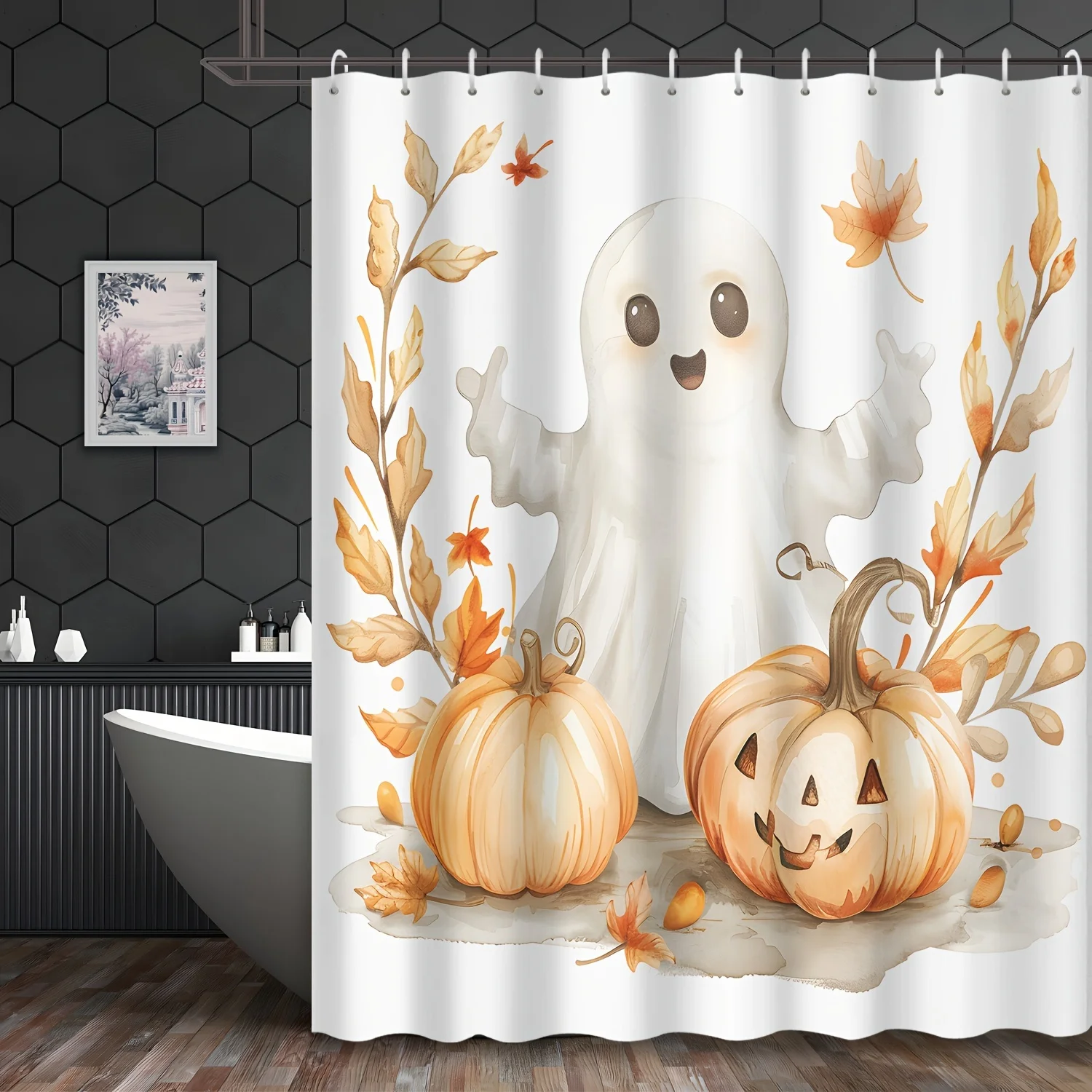 Festive Halloween Bath Shower Curtain: Cute Cartoon White Ghost, Fall Leaves, and Jack-o'-Lantern Pumpkins