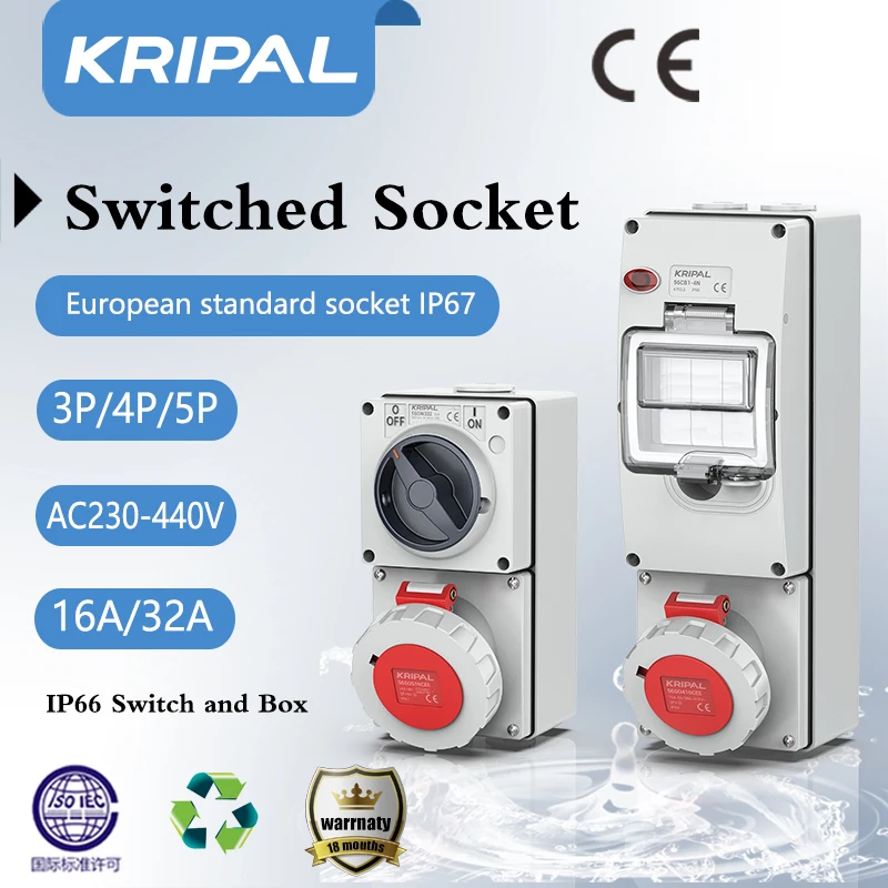 

KRIPAL IP67 Waterproof CEE Socket 32a Socket 3pin 32a Outlet Socket Combination Switched Socket With Circuit Protection