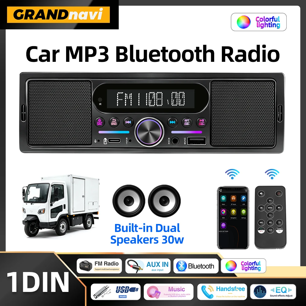 

Car MP3 Radio Player 1Din FM Bluetooth USB AUX Built-in 15Wx2 Speakers Vehicle Locator For Tool Cart Small Truck Sightseeing Car