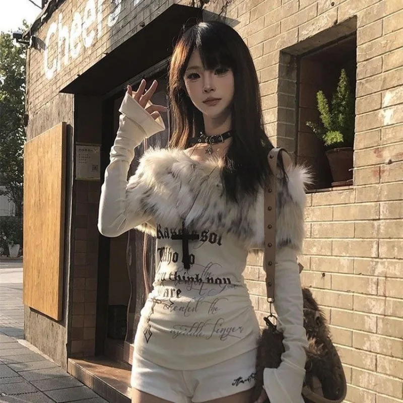 

Deeptown Y2k Coquette Slash Neck Off Shoulder T-Shirts Women Vintage Letter Print Fur Patchwork Japanese 2000s Style Tees Slim