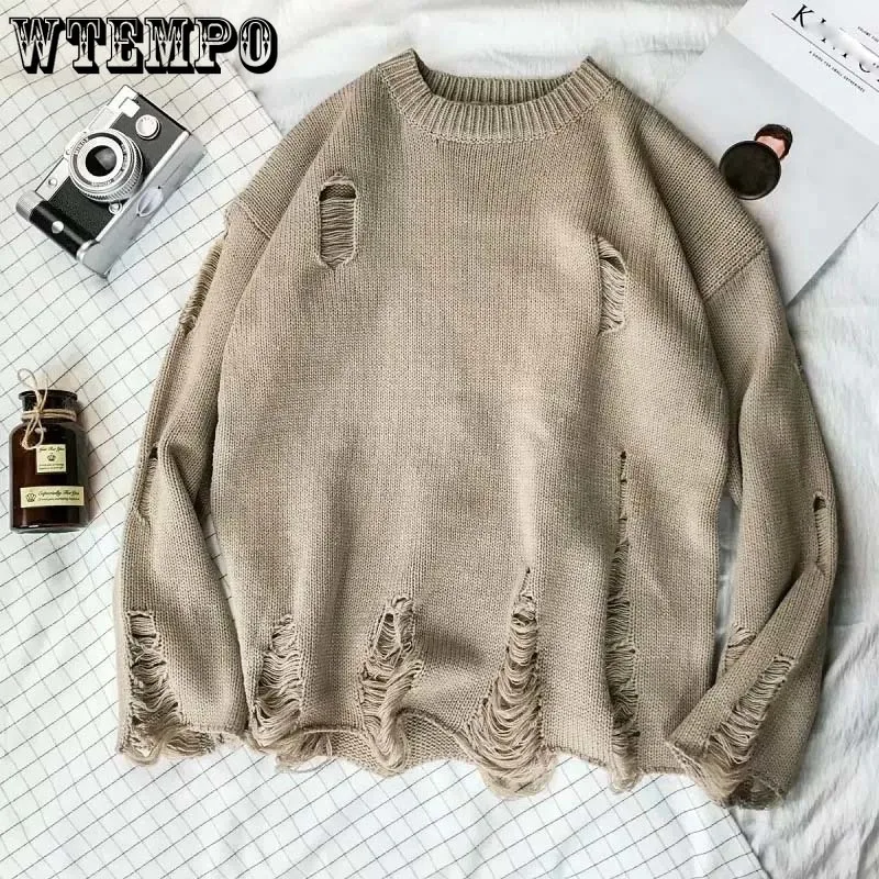 Ripped Loose Sweater Knitted Pullover Cutout Beggar Crew Neck Long Sleeves Trend Korean Style Can Be Worn By Men and Women Punk