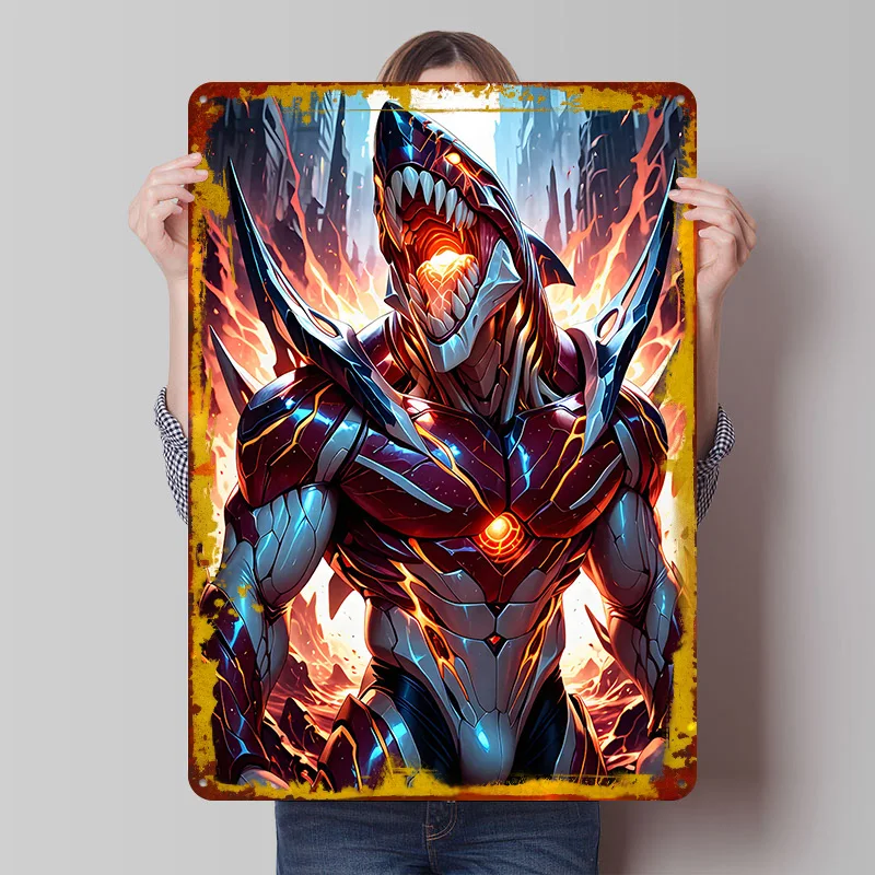 Cybernetic Shark Warrior in Fiery Cityscape Tinplate Poster Customized Wall Art Vintage Retro Metal Signs for Office Decor Room