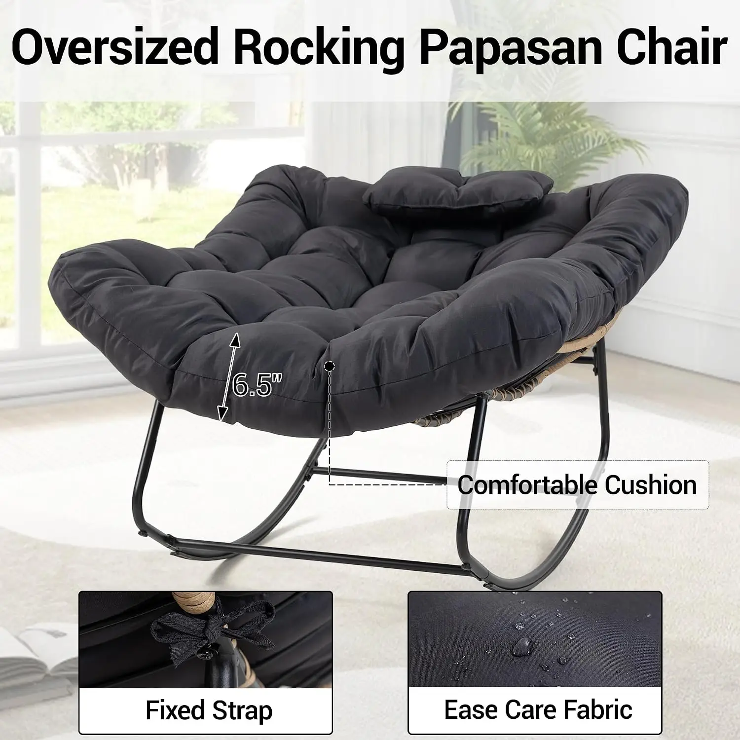 Set of 2 Upholstered Rocking Chair, Oversized Wicker Egg Rocker with Thick Cushion and Head Pillow, Modern High Back Armchair - view 6