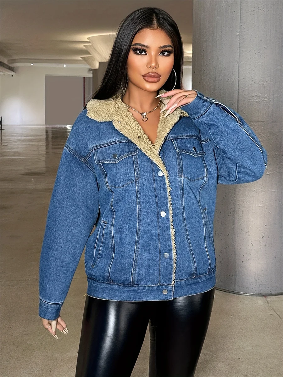 Benuynffy Nieuwe Vintage Lamswollen Denim Jas Dames Herfst Winter Single Breasted Casual Losse Fleece Jean Jas Top Streetwear