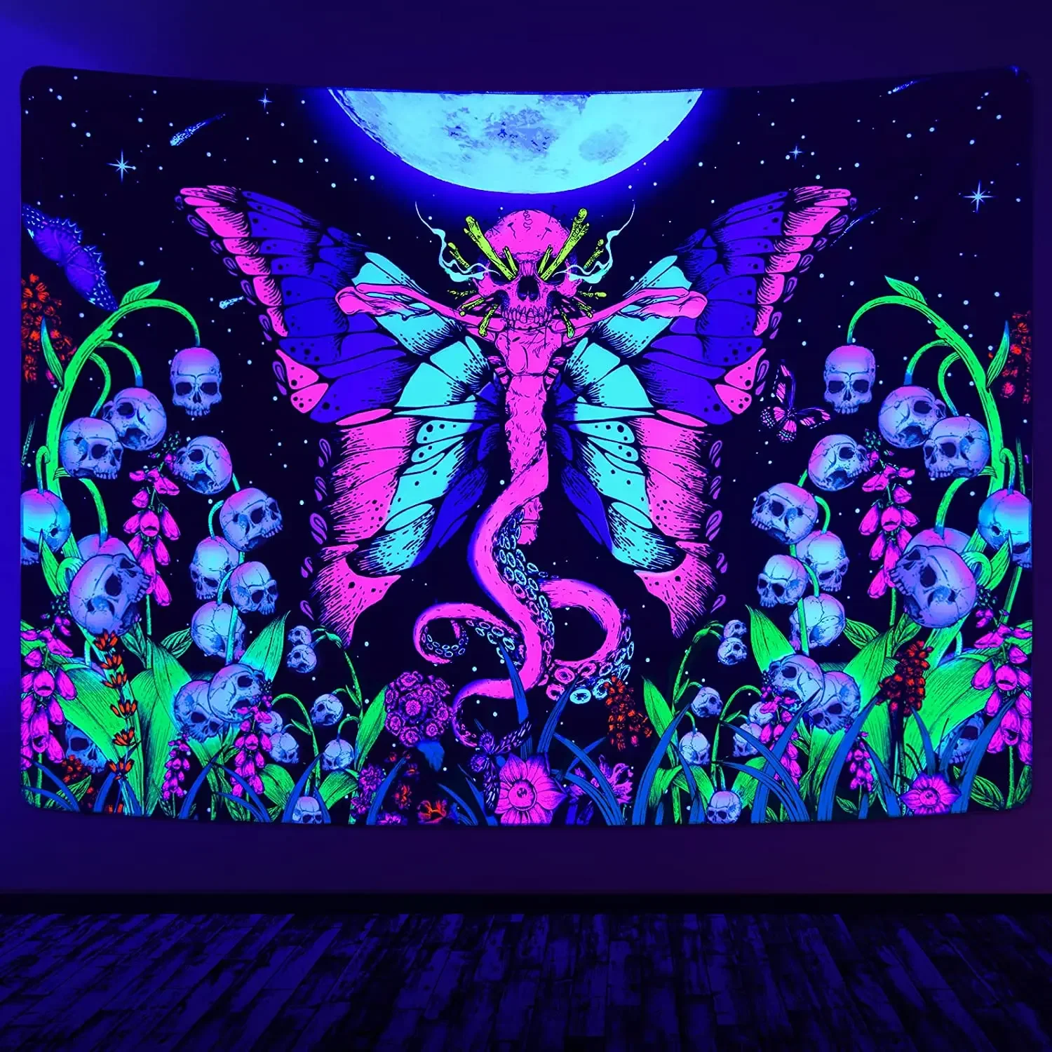 Blacklight Galaxy Moon Tapestry Trippy Plant Floral UV Reactive Neon Mountain Forest Psychedelic Wall Tapestrie for Room Decor