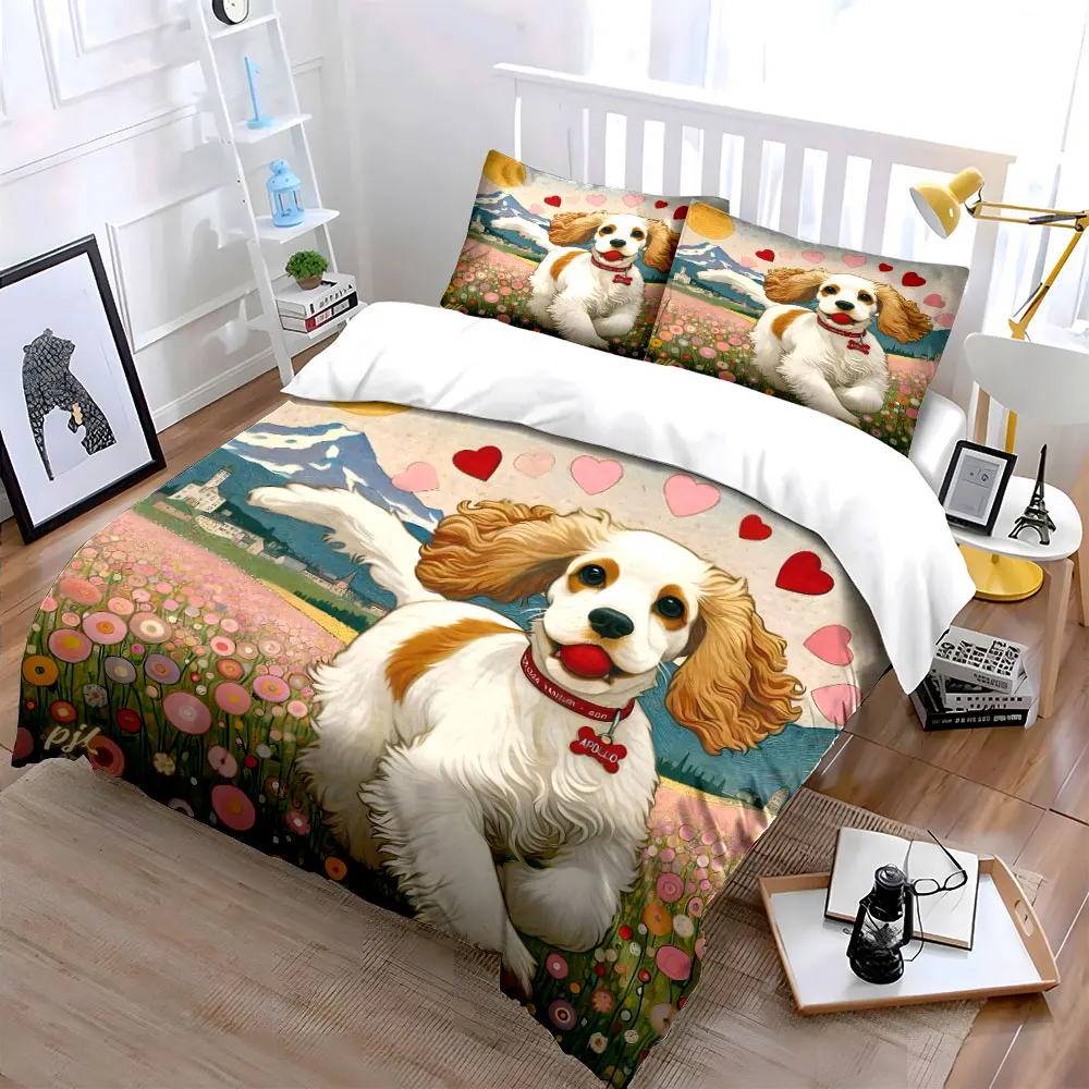 Cute Cavalier King Charles Spaniel in Flower Field 3PCS Bedding Set Soft Bed Sheet Pillowcase Set for Dog Lovers Bedroom Decor