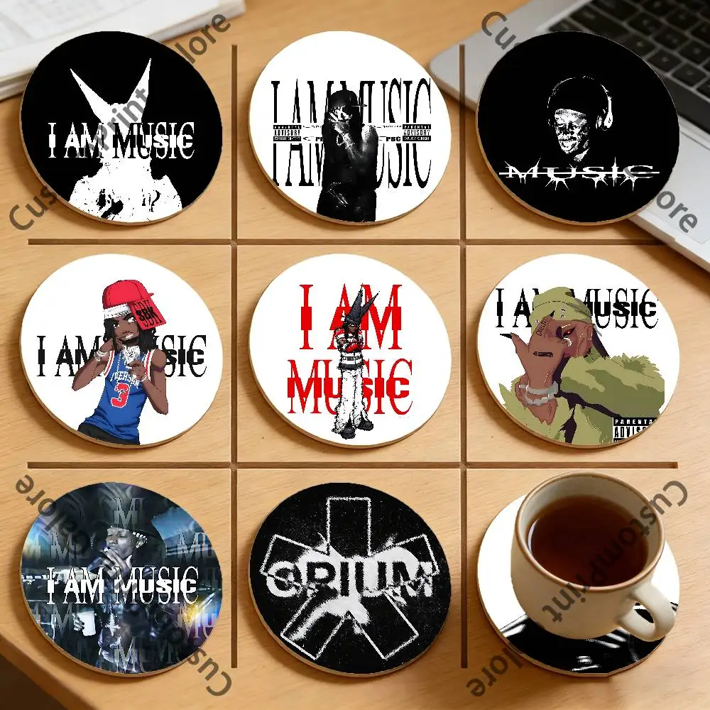 

P-PlayBoiCarti I AM MUSIC Natural Pine Wood Round Coasters Non-Slip Heat-Resistant Cup Mats for Coffee Drinks