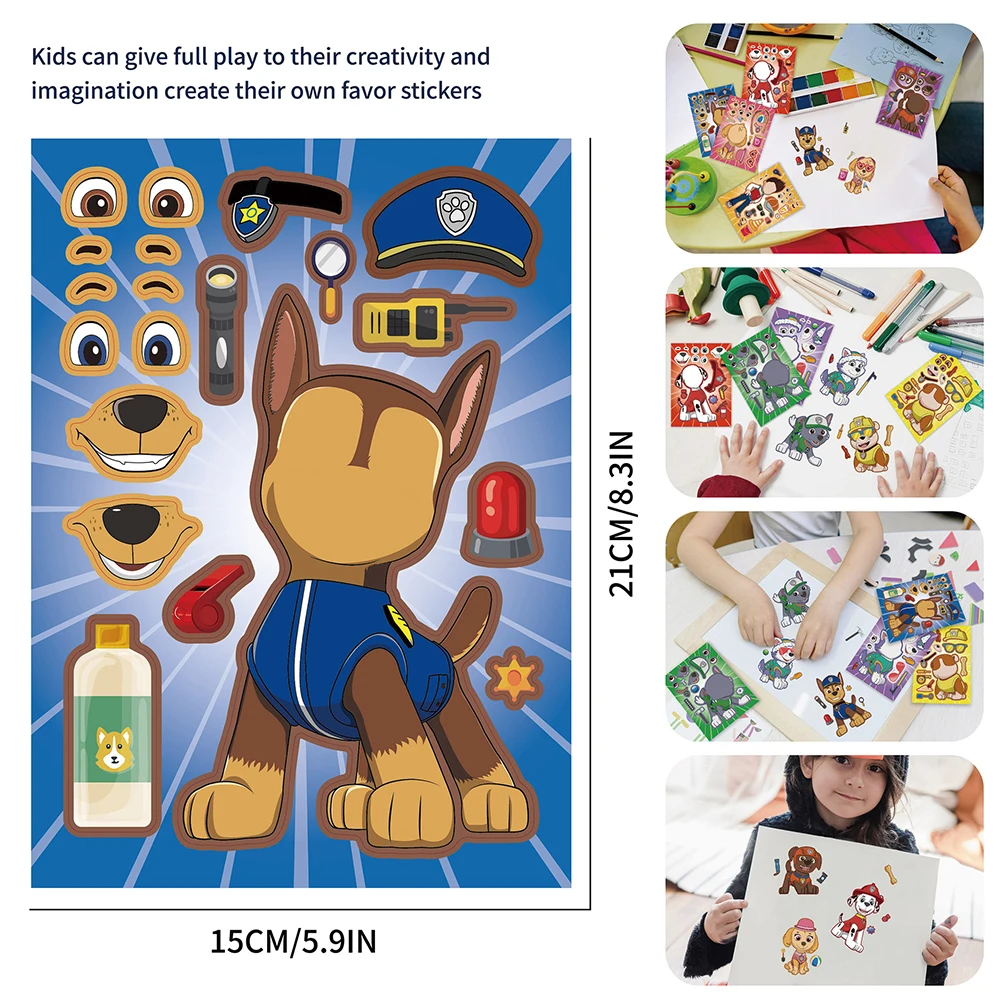 8/16Sheets Cute PAW Patrol Puzzle Stickers Anime Make-a-Face Decals Assemble Funny Cartoon Assemble Jigsaw DIY Sticker Kids Toys