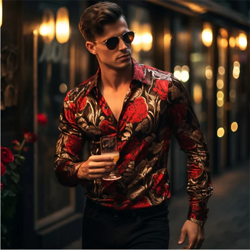 Men\'s Rose Printed 3D Printed Shirt Outdoor Street Long Sleeve Collar Fashion Designer Casual