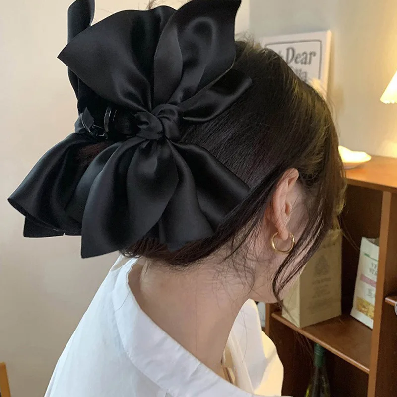 Coréia doce tecido sólido grande arco cabelo garra clipes para as mulheres preto bowknot grampo de cabelo hairpin acessórios tubarão clipe