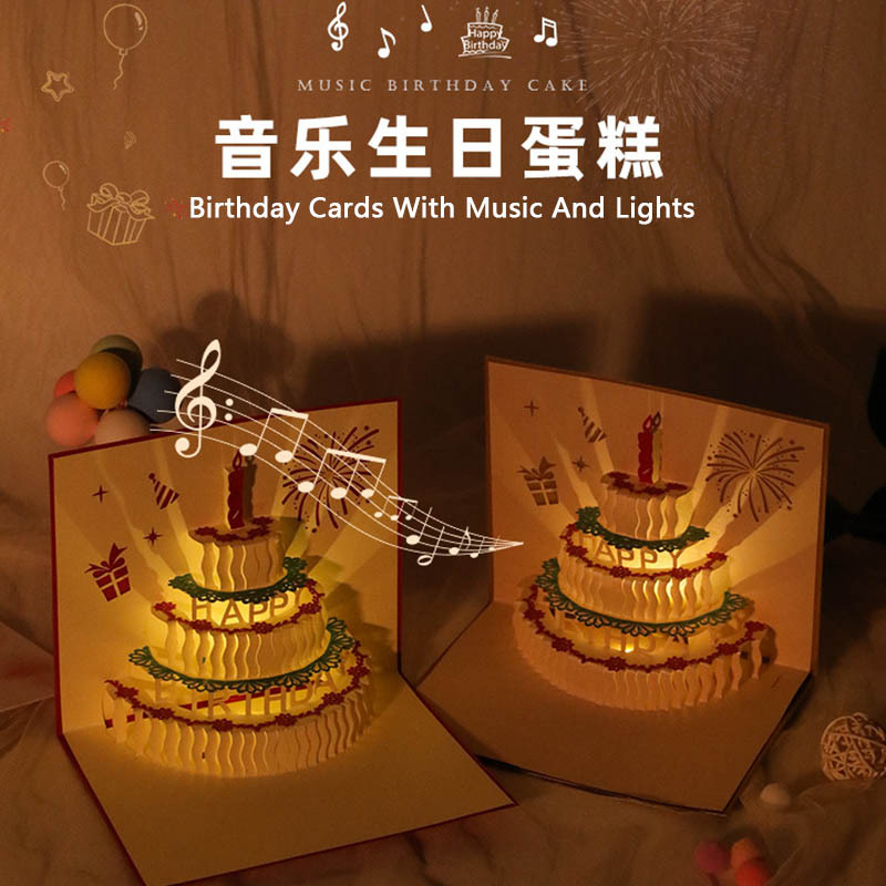3D Pop Up Birthday Greeting Cards, Auto Play Music Warm LED Light Birthday Cake Card, Gifts For Mom Wife Sister Boy Girl Friends