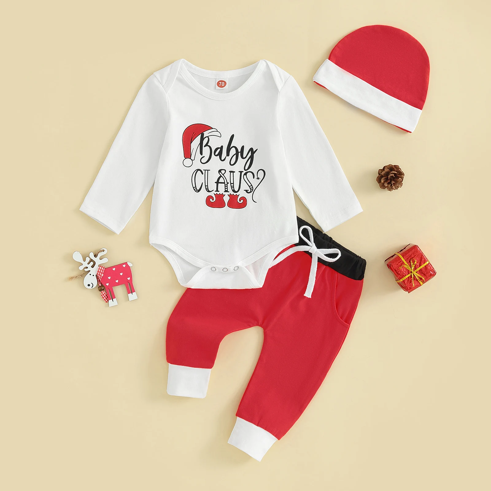 

Toddler Baby Boys 3PCS Christmas Clothes Sets Long Sleeve Letter Santa Hat Print Romper Drawstring Pants Hat Sets