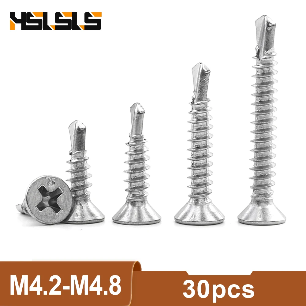 

HSLSLS 30pcs Phillips Flat Head Self Drilling Screw M4.2 M4.8 410 Stainelss Steel Hardiflex Screws for Sheet Metal