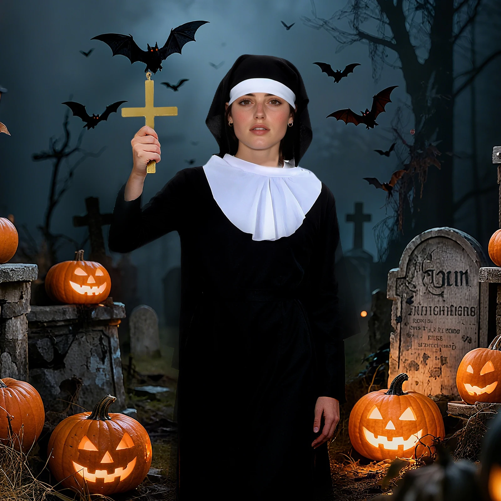 مجموعة أزياء راهبة للنساء للهالوين زي تنكري ديني رعب مع غطاء محرك السيارة رداء ذهبي متقاطع فستان مخيف