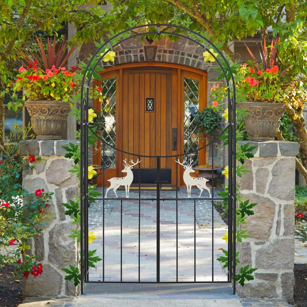 

J-Sun-7 Garden Arch with Gate - Metal Garden Arch Trellis, Gardens Arbor with Gate, Wedding Arch for Ceremony, Gardens Trellis