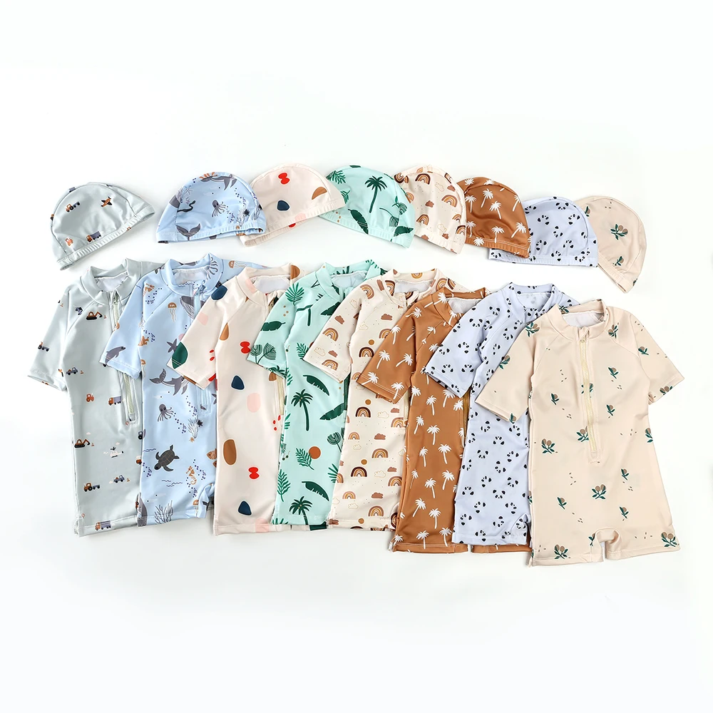 1-8T الاطفال لباس سباحة مجموعات الصيف طباعة الكرتون الحيوان شاطئ شاطئ البحر الملابس طفل رومبير قبعة مطابقة حمامات الشمس ملابس السباحة