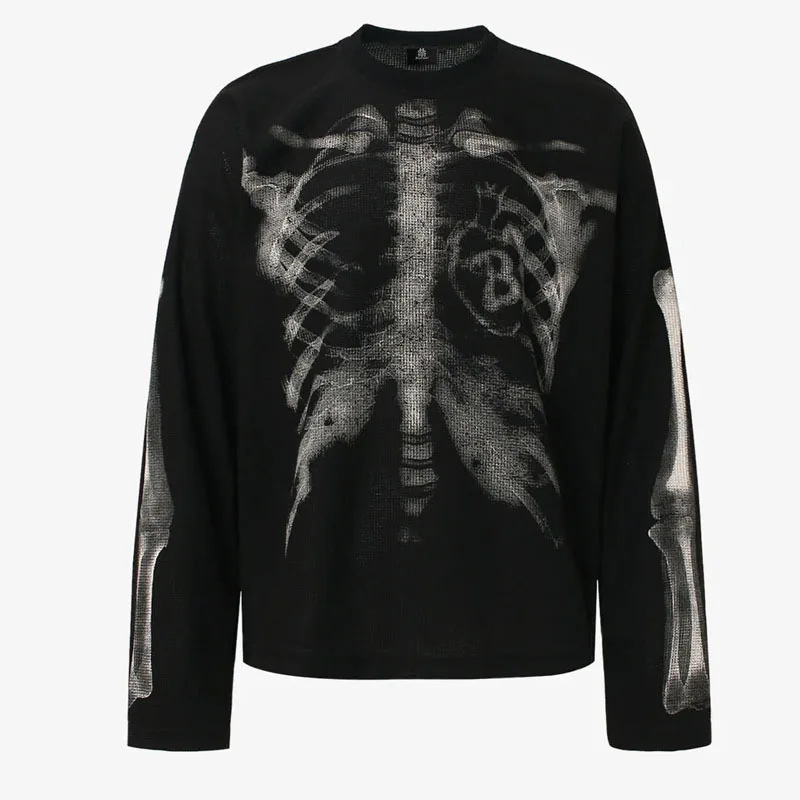 Autumn Harajuku Instagram Street Fashion American Retro Hoodie Skeleton Printed Round Neck Long