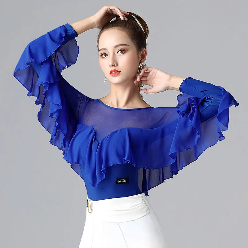 New Sexy Latin Dance Tops Women\'s Waltz Practice Clothes Ruffles National Standard Ballroom Leotard Modern Bodysuit Costumes