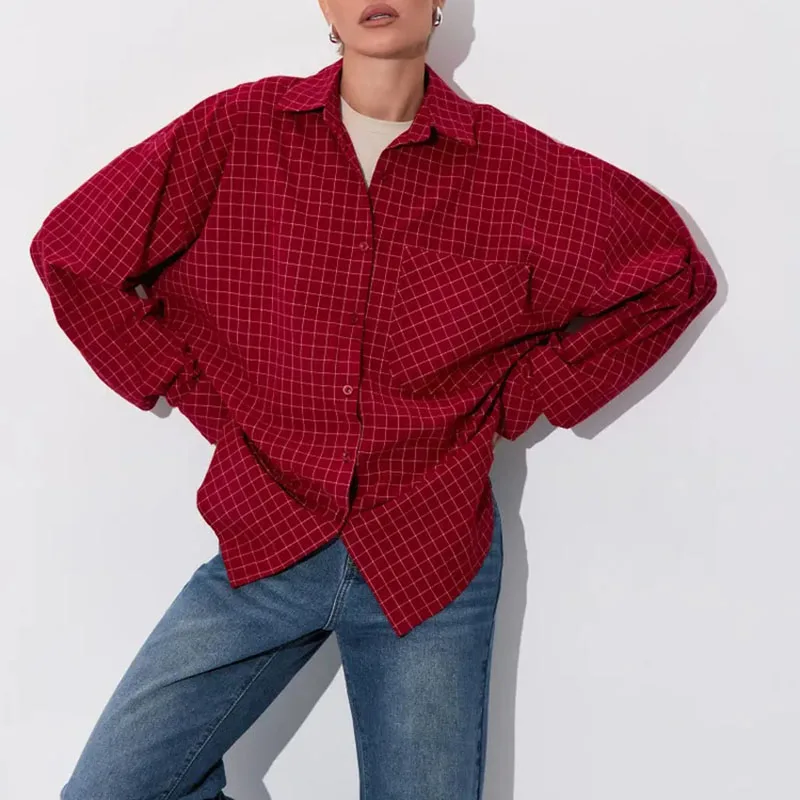 2026 Y2K Autumn Women New Vintage Plaid Shirts Fashion Streetwear Turn-down Collar Over-shirt Long Sleeve Loose Harajuku Blouses