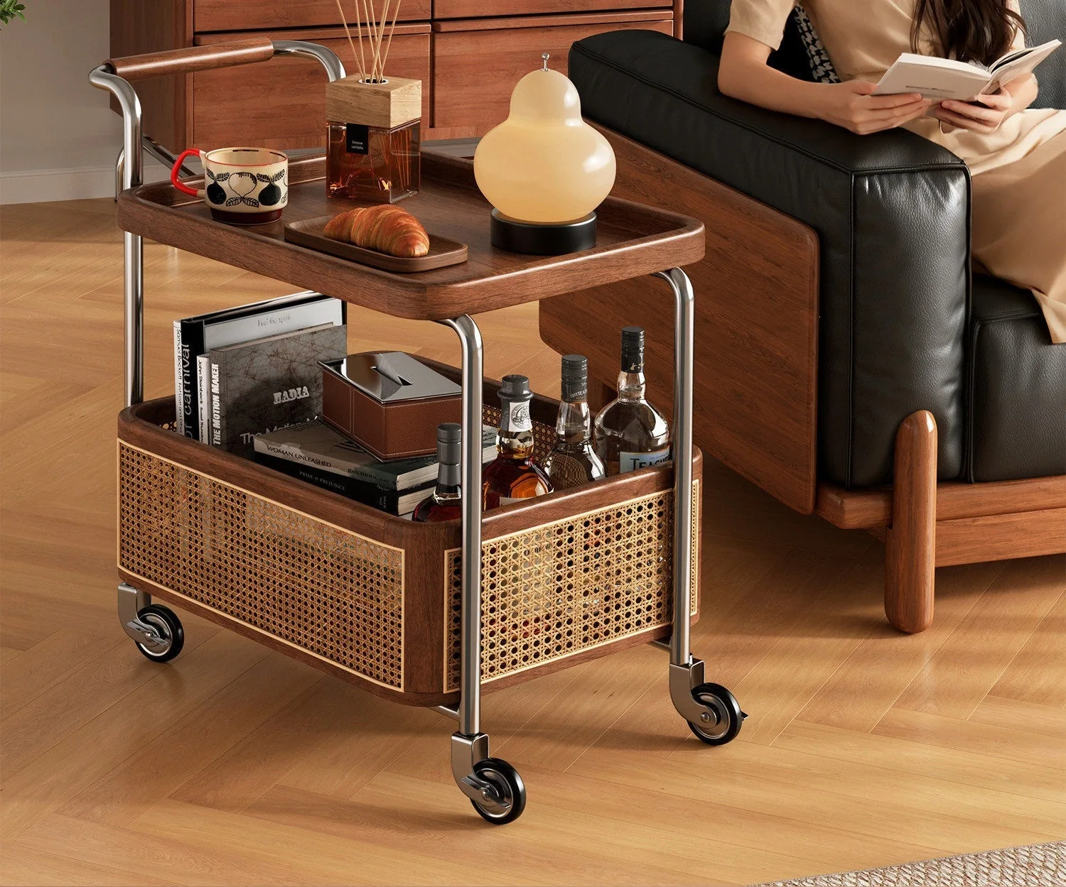 HYS solid wood movable side few trolley living room sofa coffee table side cabinet side cabinet middle antique bedside storage