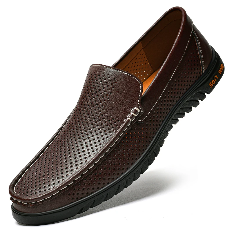 Men's Leather Slip-On Loafers, Breathable Perforated Casual Driving Moccasins with Soft Rubber Sole,Brown, Black