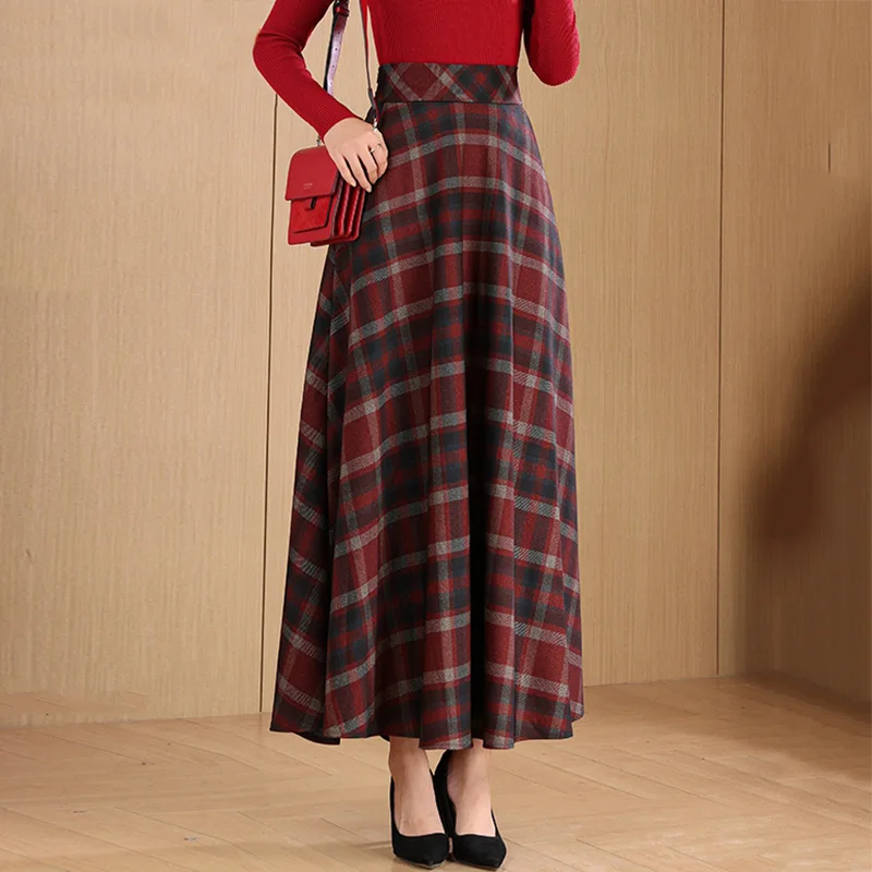 신상 여성 심플 체크 롱 스커트 가을 패션 하이웨이스트 A라인 쉬운 매치 스커트 대비 색상 캐주얼 스커트 여성용