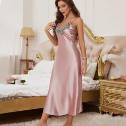 Lace Applique Nightgown Satin Lady Sleep Dress Summer Women Long Sleepdress Nightdress Backless Sleepwear Nighty Gown