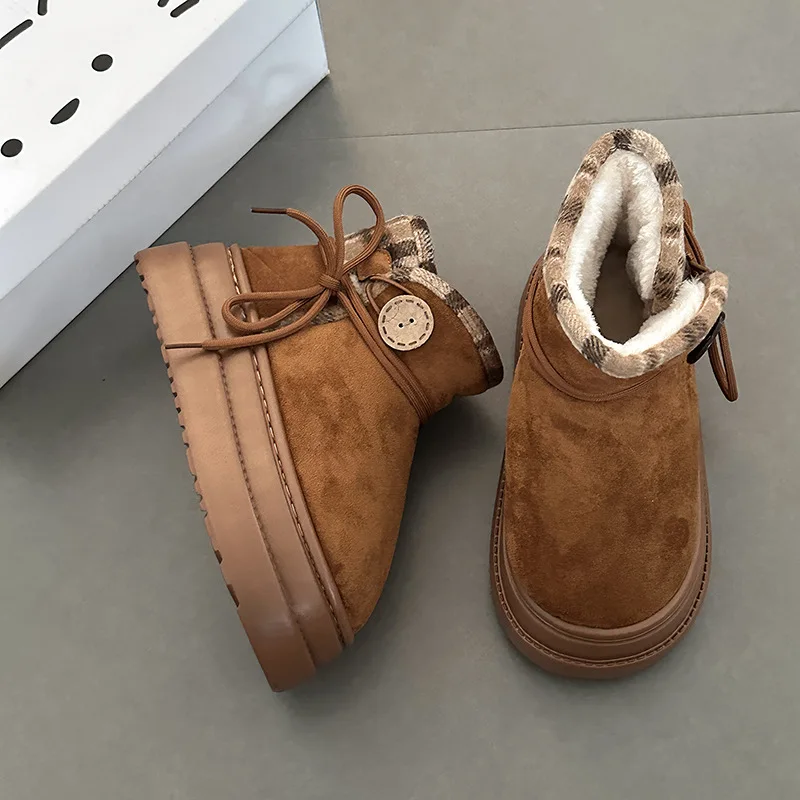 Retro-style Thick-soled Height-increasing Snow Boots, Winter Fleece Flat Warm Ankle Boots, Casual Women's Cotton Shoes Trend