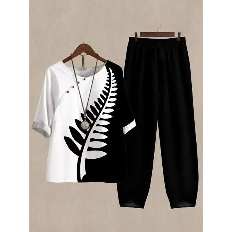 

Новинка 2024, большой повседневный женский костюм с принтом, модный ансамбль для женщин среднего возраста, удобная весенняя одежда