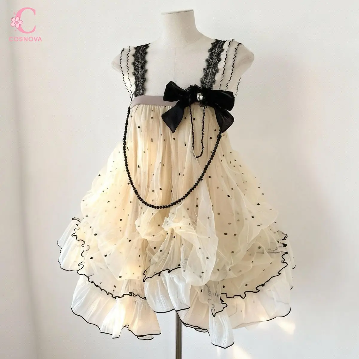 

French Polka Dot Bow Mini Dress Women Spaghetti Strap Puff Dress Elegant Slim Waist Princess Party Dress Summer New Collection