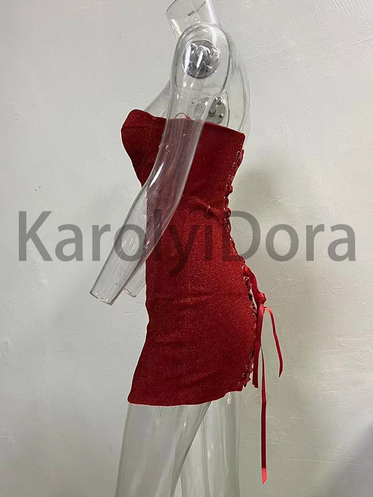 Seksowna bez ramiączek jasna jedwabna sznurowana Mini sukienka damska czerwona czarna bez rękawów Backelss obcisłe sukienki wieczorowe sukienki koktajlowe