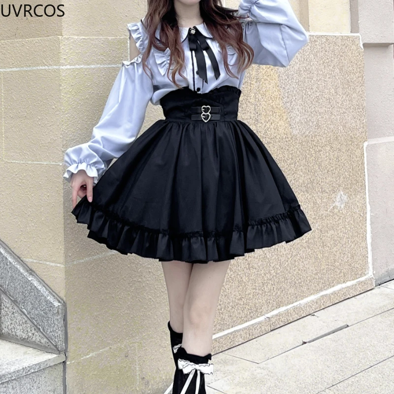 Japanese Gothic Lolita JK Skirt Sets Women Kawii Peter Pan Collar Off Shoulder Shirts Mini Skirts Harajuku Y2k School Girls Suit