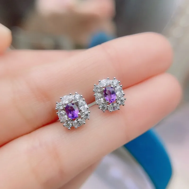 Natural Amethyst Stud Earrings for Women Real 925 Sterling Silver Vintage Femme Gift Prevent Allergy Fine Jewelry Stone