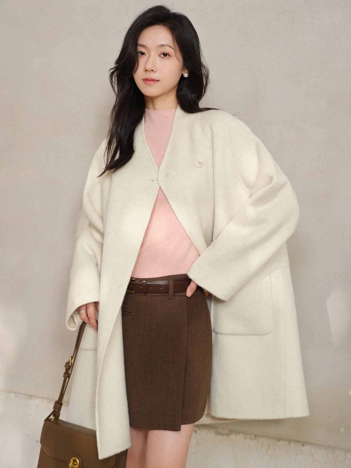 Wool Scarf Neck Coat for Women Lady Premium Double-Face Overcoat Warm Soft Long Jacket Elegant Chic Winter Fashion Outerwear