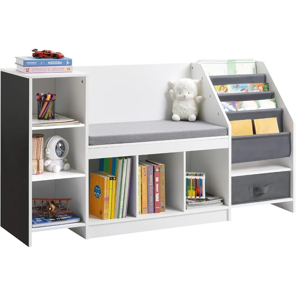 

Kids Reading Nook with Sling Bookshelf, Toy Organizer with Bench and Black Board, 5 in 1 Kids Bookcases for Nursery