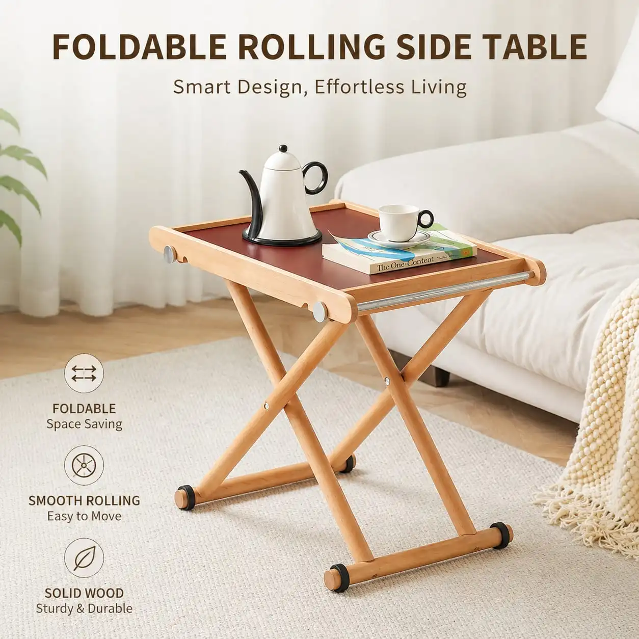 Modern Solid Wood Coffee Table with Foldable Design – Compact Living Room Side Table for Sofa, Tea Table & Minimalist Nordic Ho