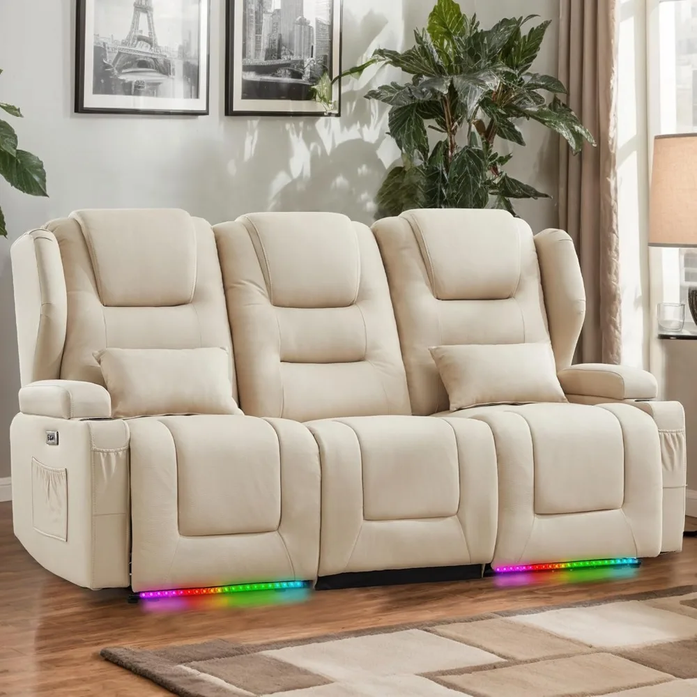 

Power Loveseat Recliner Sofa, Fabric 3-seater Wall Hugger Reclining Sofa, Home Theater Seating Chair With Cup Holders,