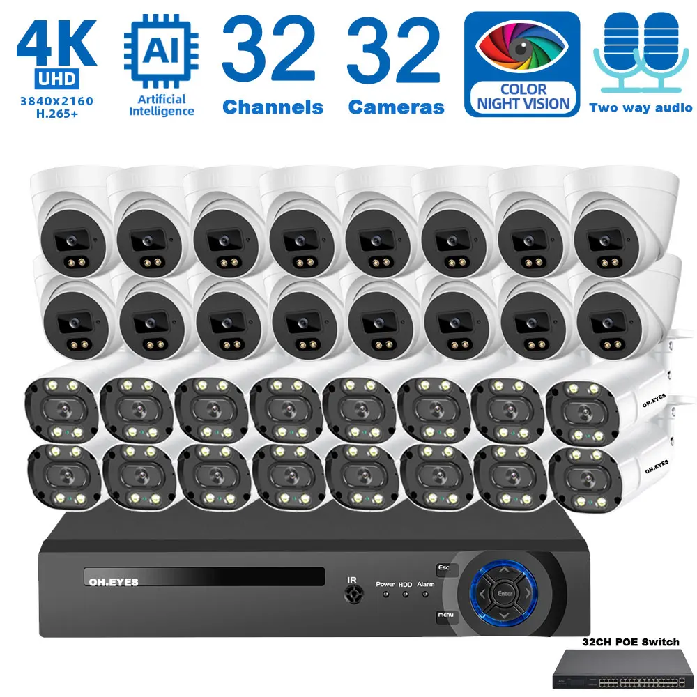 

32CH CCTV Camera Security System Kit Full Color Night Vision 4K POE NVR Kit Two Way Audio IP Video Surveillance Camera System