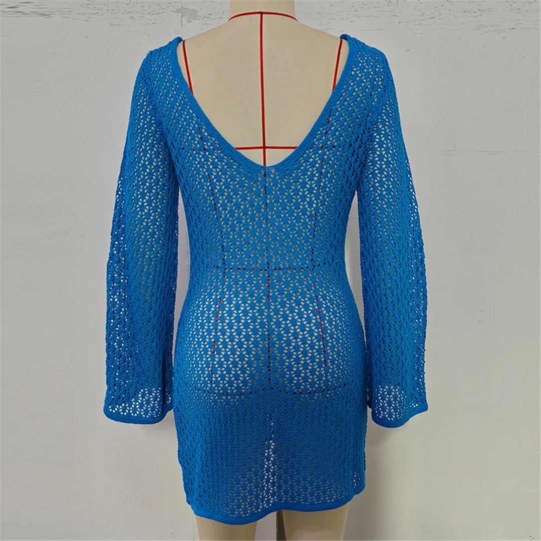 V-Ausschnitt, lange Ärmel, mit Ausschnitten versehene, gehäkelte Tunika, Strandkleid, Strandmode, Damen V7643 – Detail 31