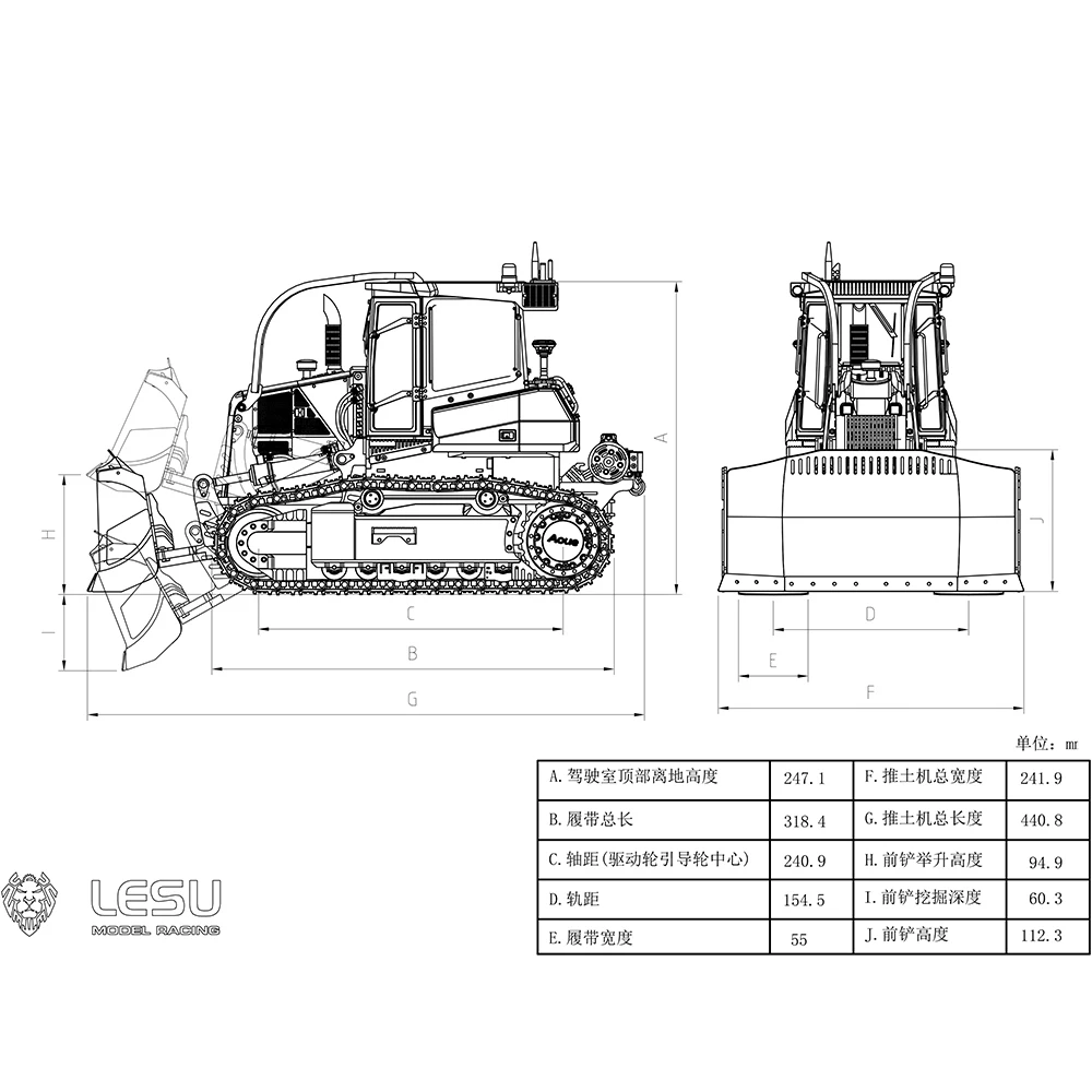 LESU 1:14 RC Bulldozer hidráulico Aoue 850K KIT de pistas negras Metal Radio Control Dozer vehículo de construcción remoto juguetes TH22775