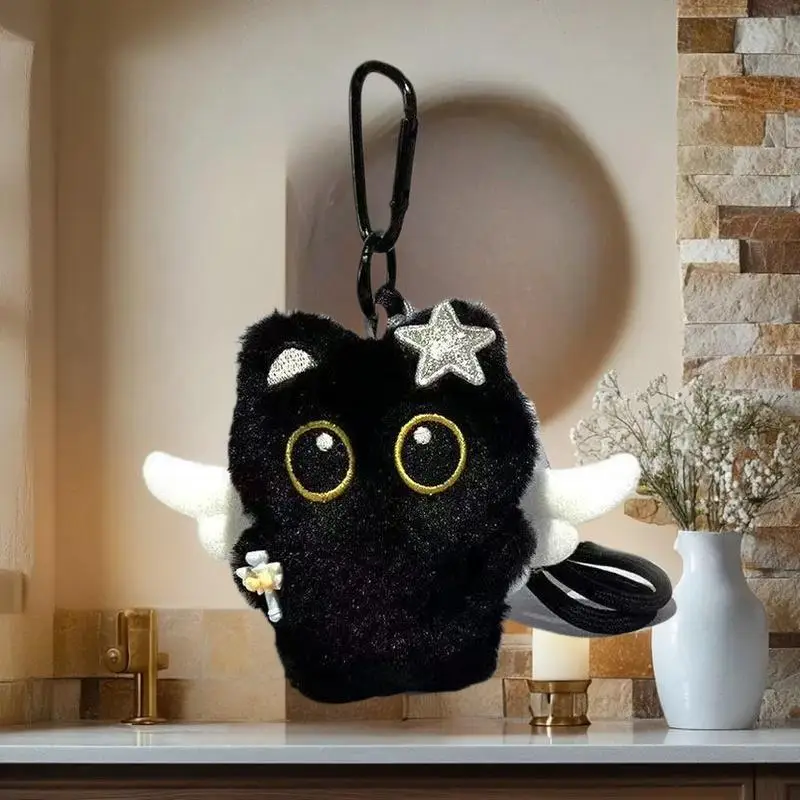 Chaveiro de boneca de pelúcia de gato preto macio, ornamento de mochila de gatinho de desenho animado pequeno, presente de aniversário exclusivo para meninos e meninas