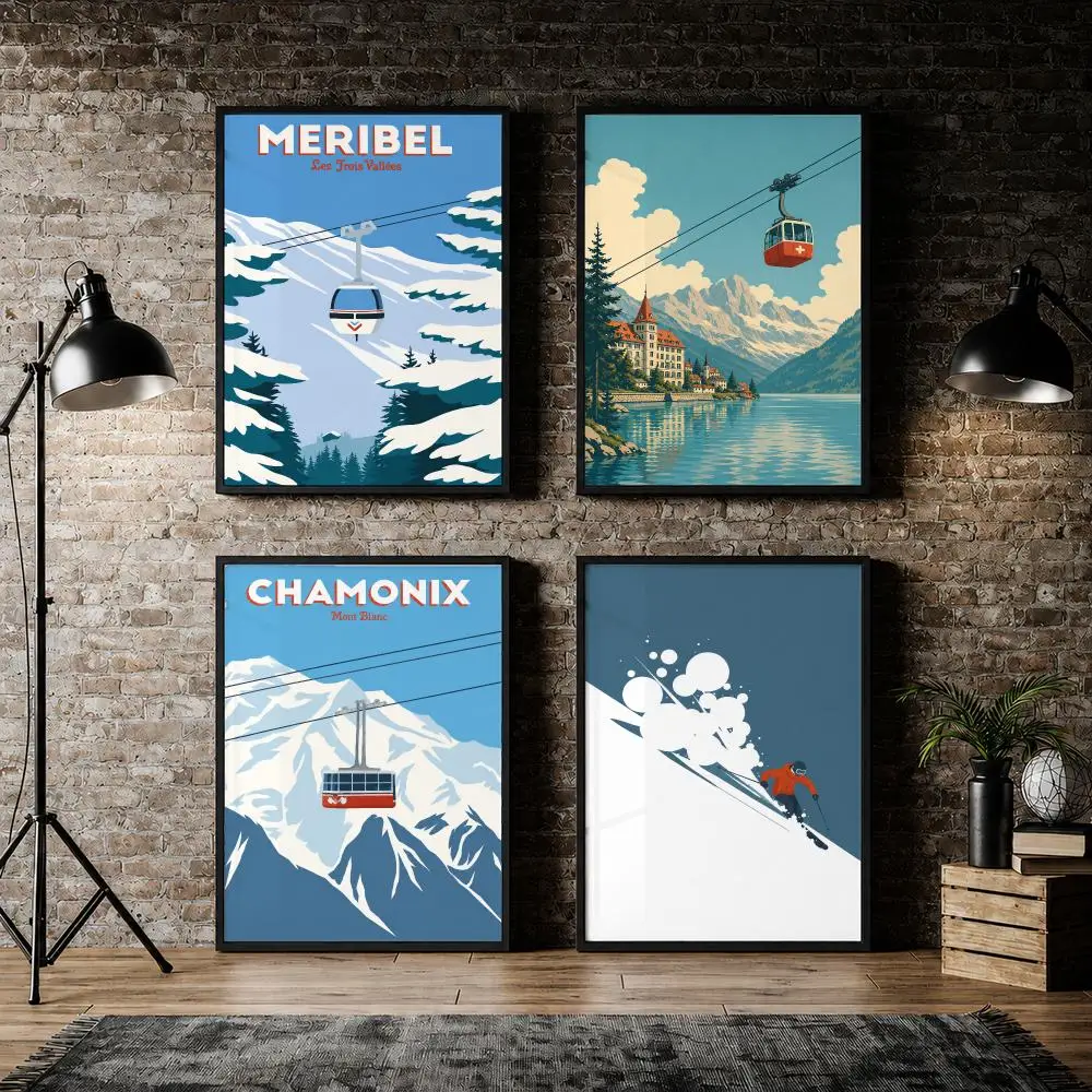 Vintage Alpine Ski Resort Landscape Poster Pvc HD Peel and Stick Modern poster Home Office Living Room Dining Room Wall Decor