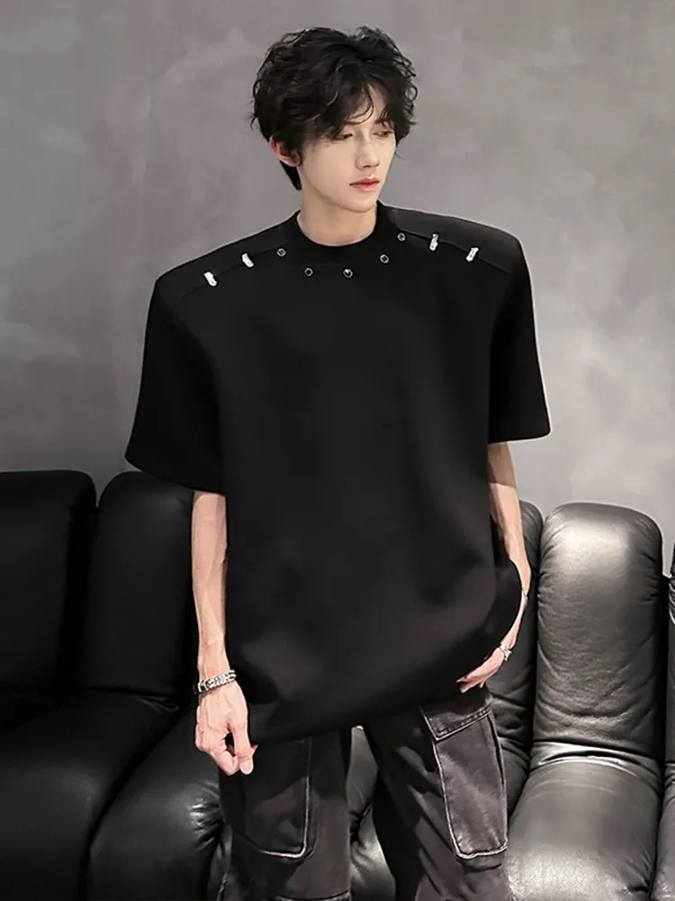 Metal Decorated Shoulder Padded T-Shirt Loose Fit Casual Sporty Short Sleeve Top for Men Youth Popular Summer Wear