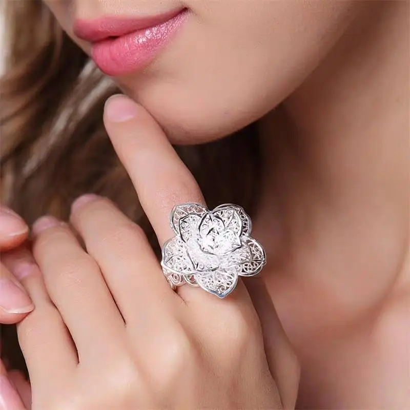 925 sterling Silver Beautiful flower rings bracelet Jewelry set for women charm fashion party wedding accessories Christmas Gift