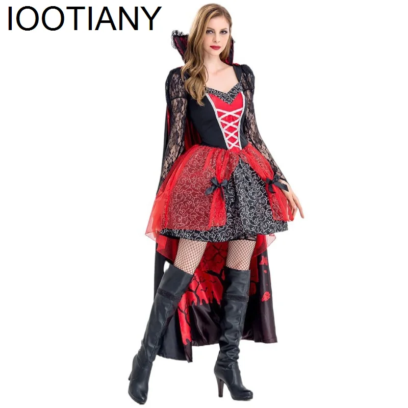 أزياء تنكرية للفتيات للهالوين الساحرة أزياء مكياج كرة مصاص دماء زومبي أزياء ملكة الشيطان التأثيرية فستان أحمر ورأس مكون من قطعتين