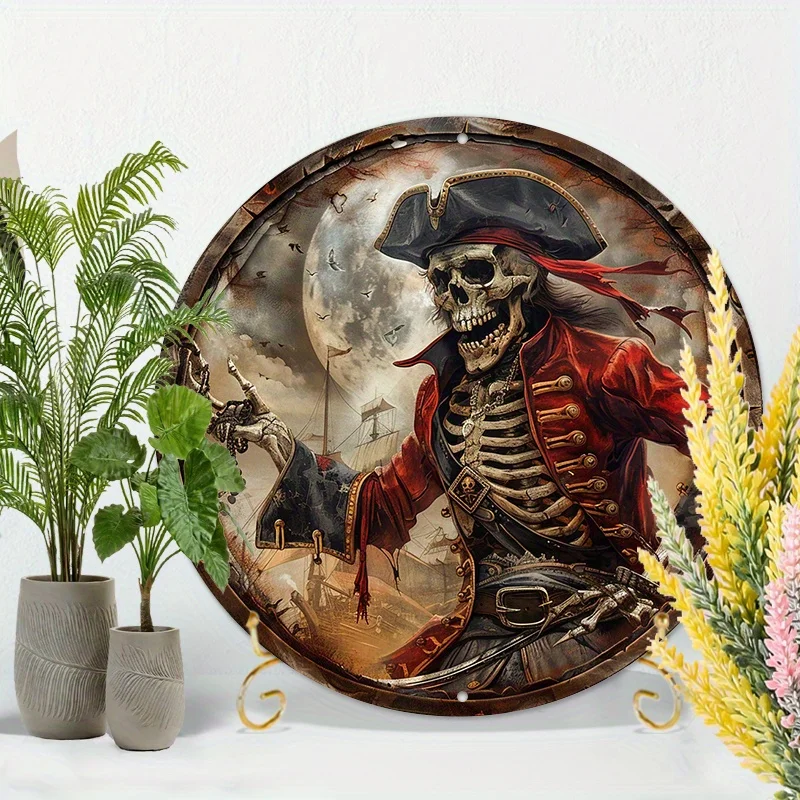 2D Large Pirate Captain Metal Wall Decor - Vintage Pirate Skeleton with Red & Golden Accents - Heavy-Duty Iron Construction
