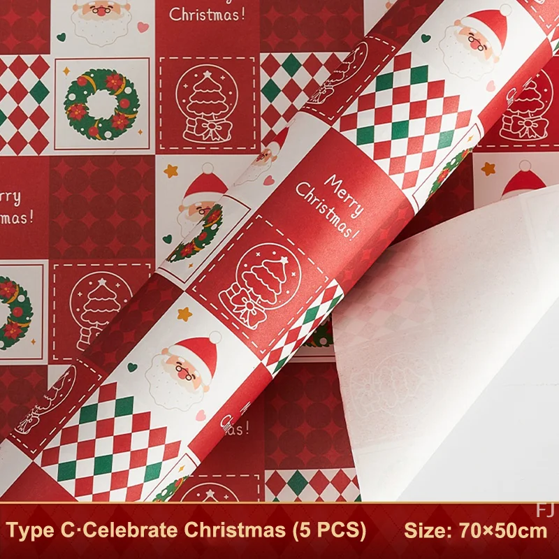 Eco-friendly Kraft Christmas Wrapping Paper, 5 sheets, Santa & Deer, 70*50cm