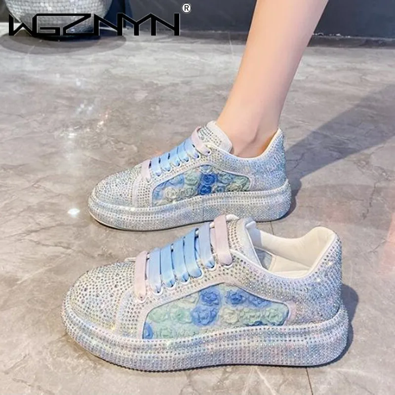 

Новые дизайнерские Роскошные осенние женские туфли на платформе, женская обувь на толстой подошве, Блестящие Кроссовки с кристаллами, Модные Повседневные кроссовки