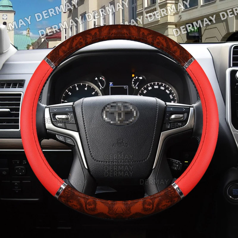 for Toyota Land Cruiser Prado FJ Cruiser Car Steering Wheel Cover Non-slip Mahogany Wood Grain PU Leather Auto Accessories