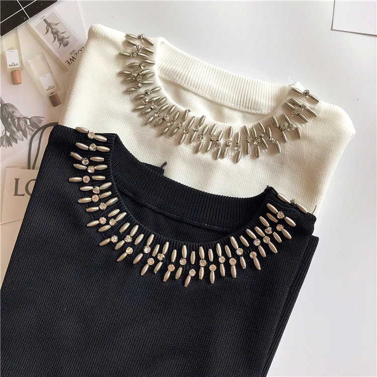 Chic O-Neck Ice Silk Knitted Vest Summer Beaded Thin Bottoming Shirt Sequin Crystal Sleeveless T-shirt Pearls Knitwear Tank Tops